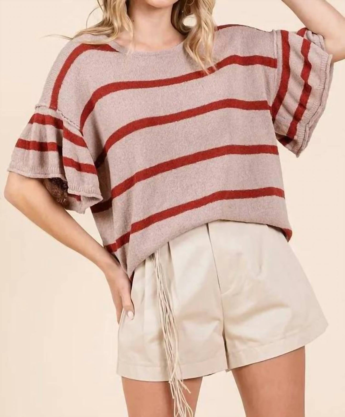 Mittoshop - STRIPED RUFFLE SHORT SLEEVE SWEATER KNIT TOP