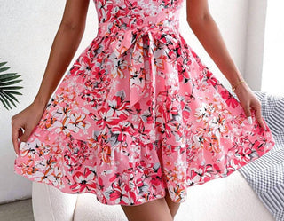 Aria Romance - Lace Up Floral Dress With Large Flounces