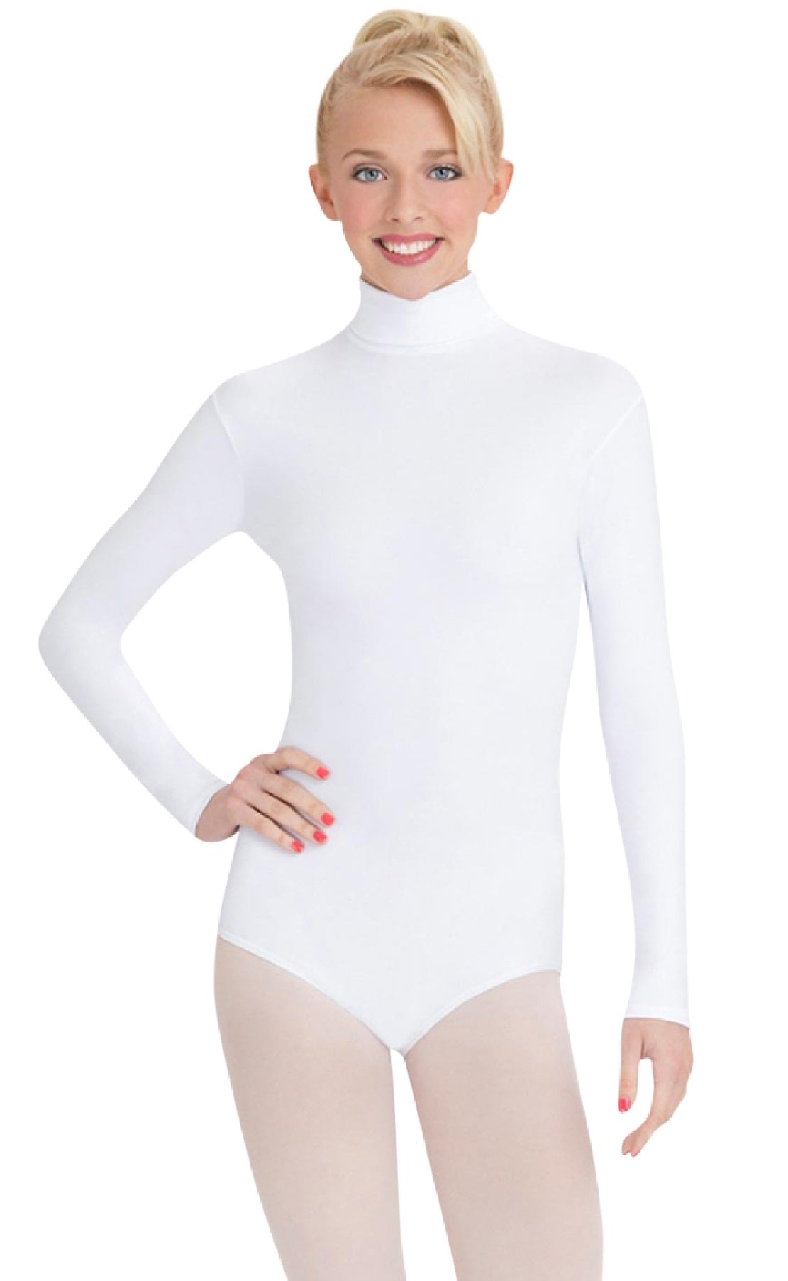 Vestido de malha de gola alta feminina Capezio, manga comprida, branco, tamanho X-S