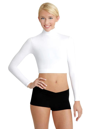 Top feminino Capezio gola alta manga comprida branco tamanho médio