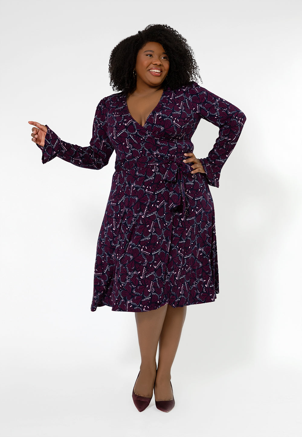 Vestido envelope falso de manga comprida com borboleta Rosalia para mulheres da Leota, roxo