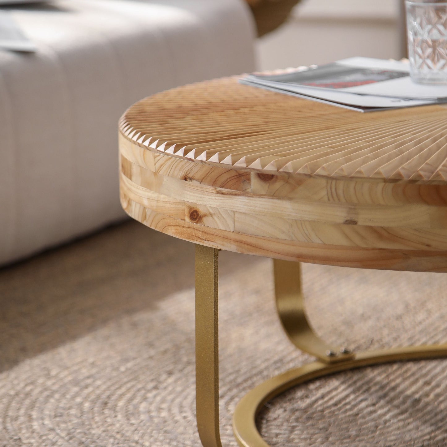 Modern Round Coffee Table with Wooden Carving Pattern and Metal Legs