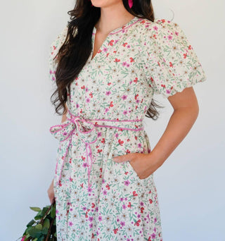 &amp;Merci - Vestido midi com mangas bufantes e detalhes em renda