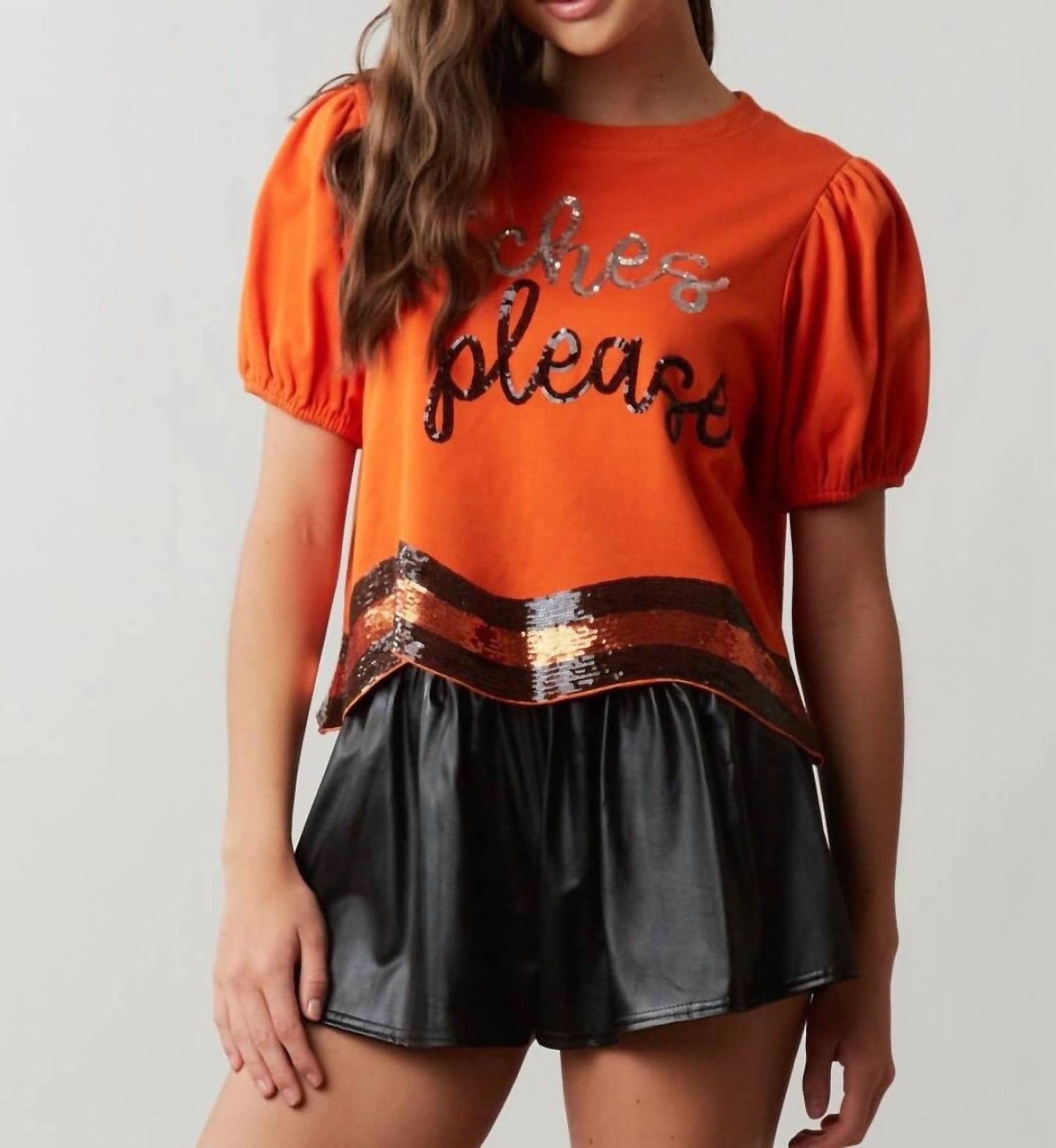 Peach Love - Witches Please Top: Sequins Embroidered Halloween Top