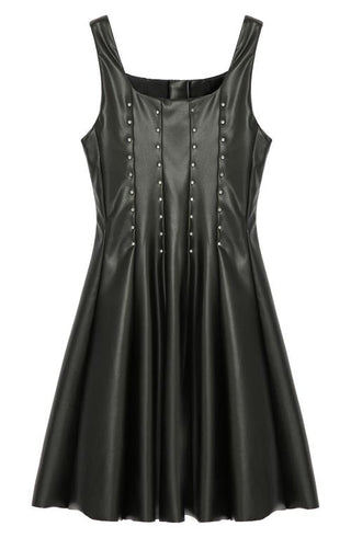 Kids Studded Faux Leather Skater Dress in Black