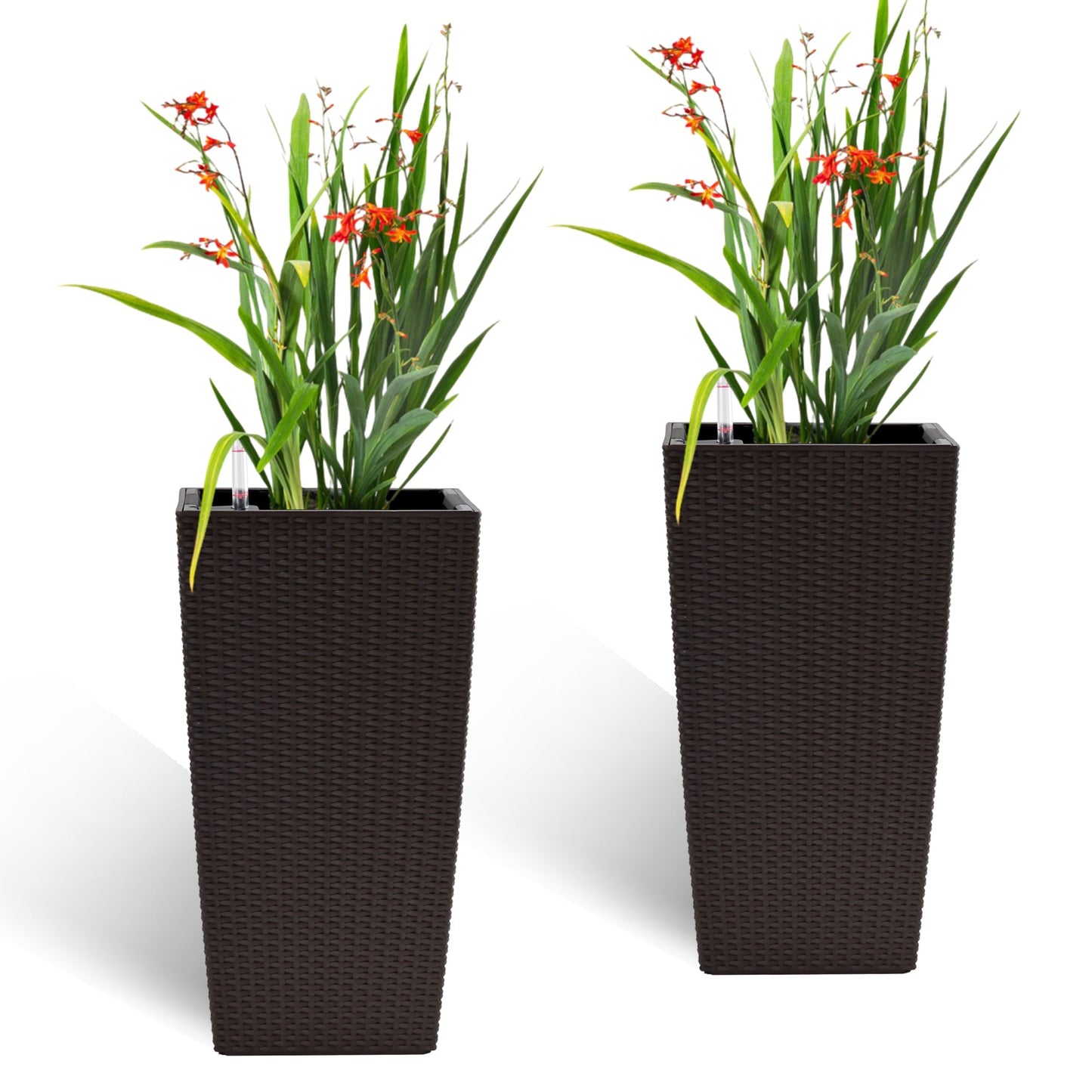 Pack of 2 Brown 22-Inch Faux Rattan Square Planters with Automatic Watering System