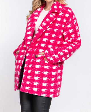 Active Usa - Double Breasted Check Print Boucle Fleece Coat