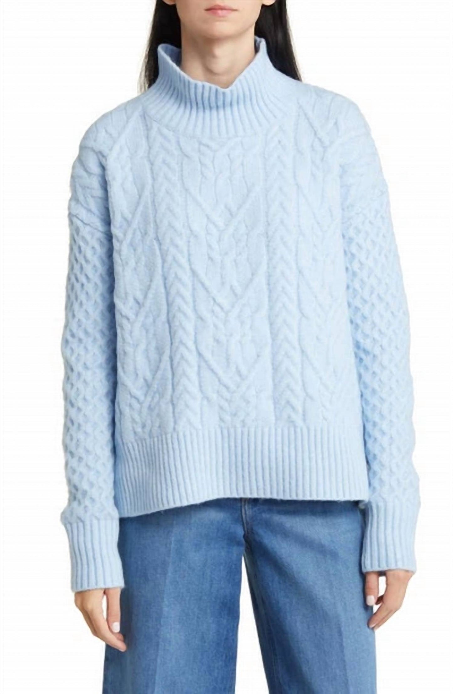 Nordstrom - Wool Blend Blue Mock Neck Cable Knit Oversized Sweater