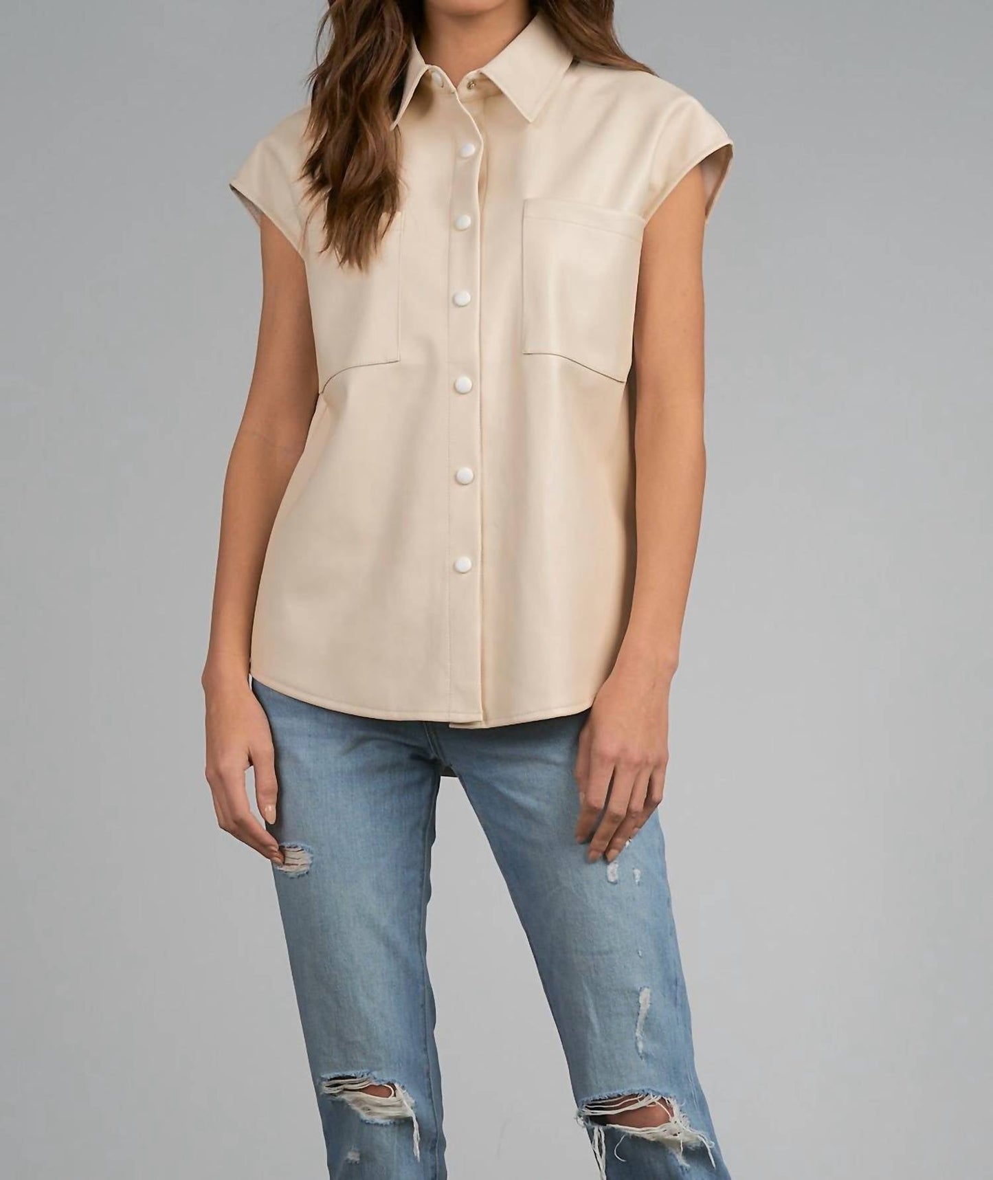 Elan - Cap Sleeve Faux Leather Top