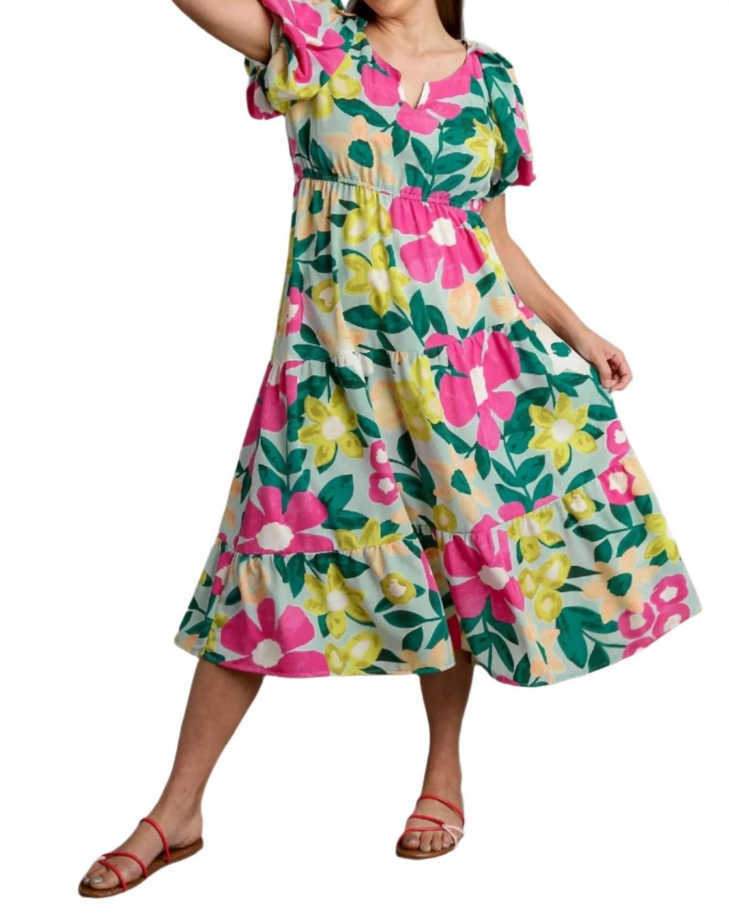 Umgee - Floral Balloon Sleeve Midi Dress