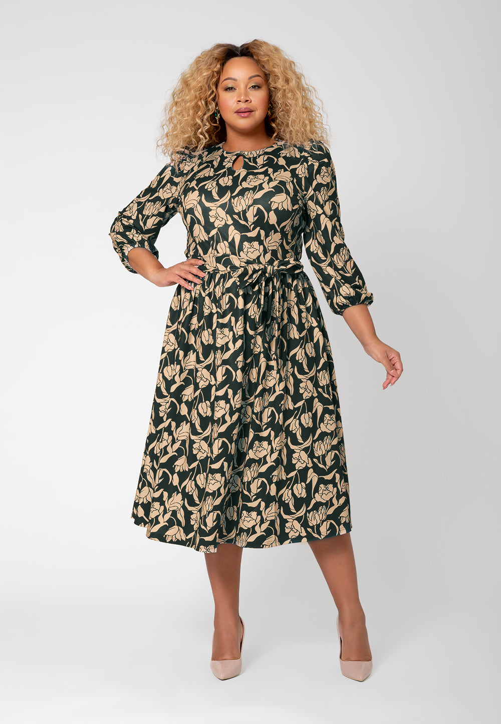 Vestido midi com manga balão floral Iman da Leota para mulheres, marrom