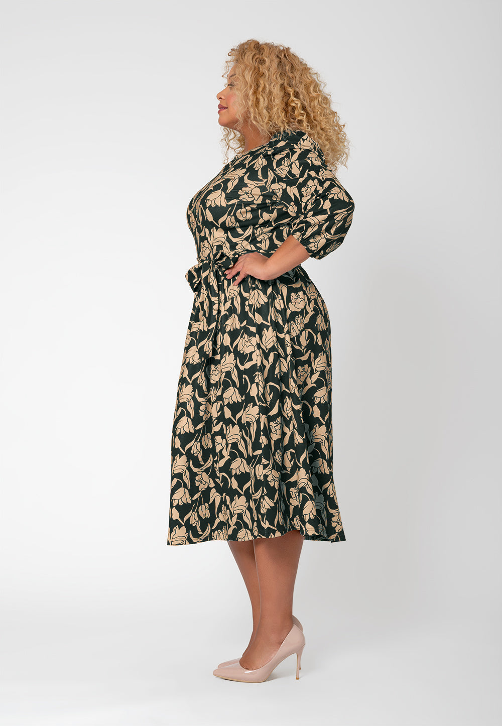 Vestido midi com manga balão floral Iman da Leota para mulheres, marrom