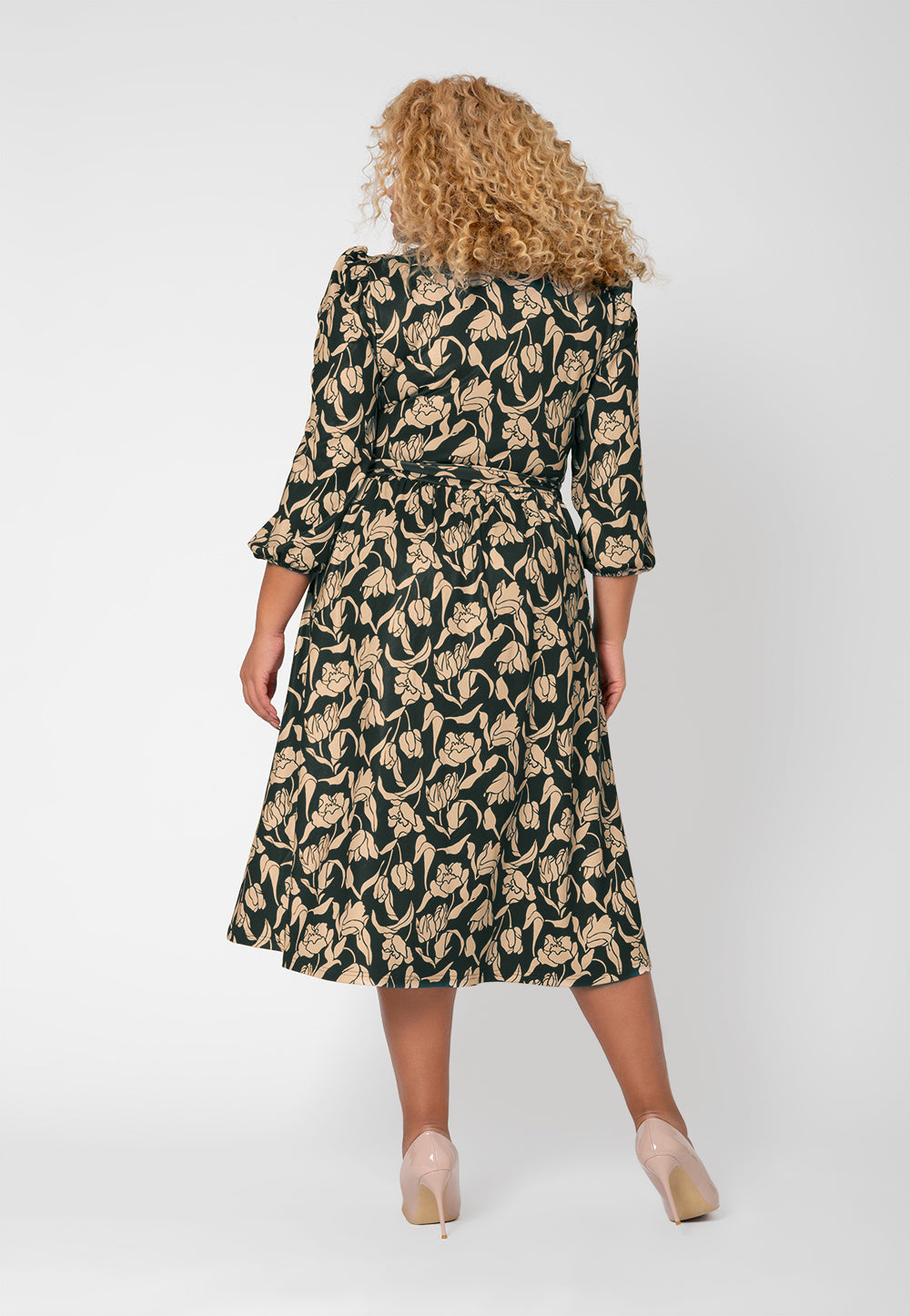 Vestido midi com manga balão floral Iman da Leota para mulheres, marrom