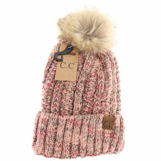 C.C Beanie - WOMEN'S FUZZY LINED POPCORN CONFETTI FUR POM BEANIE