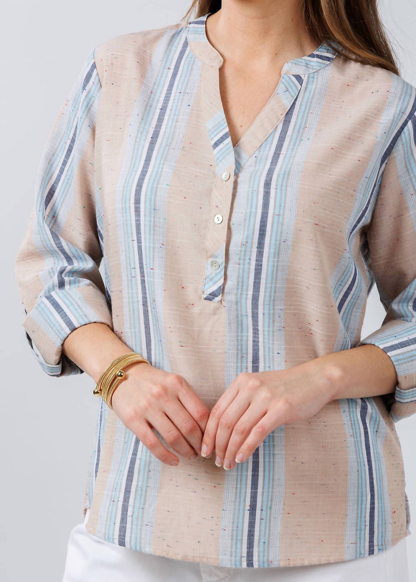 Billy T - Belize Stripe Roll Tab Sleeve Popover Shirt