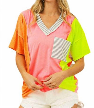 Bibi - Blusa feminina com decote em V e blocos de cores