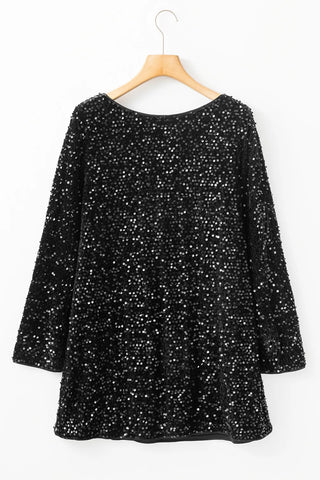 Vestido curto de manga comprida com decote redondo e lantejoulas