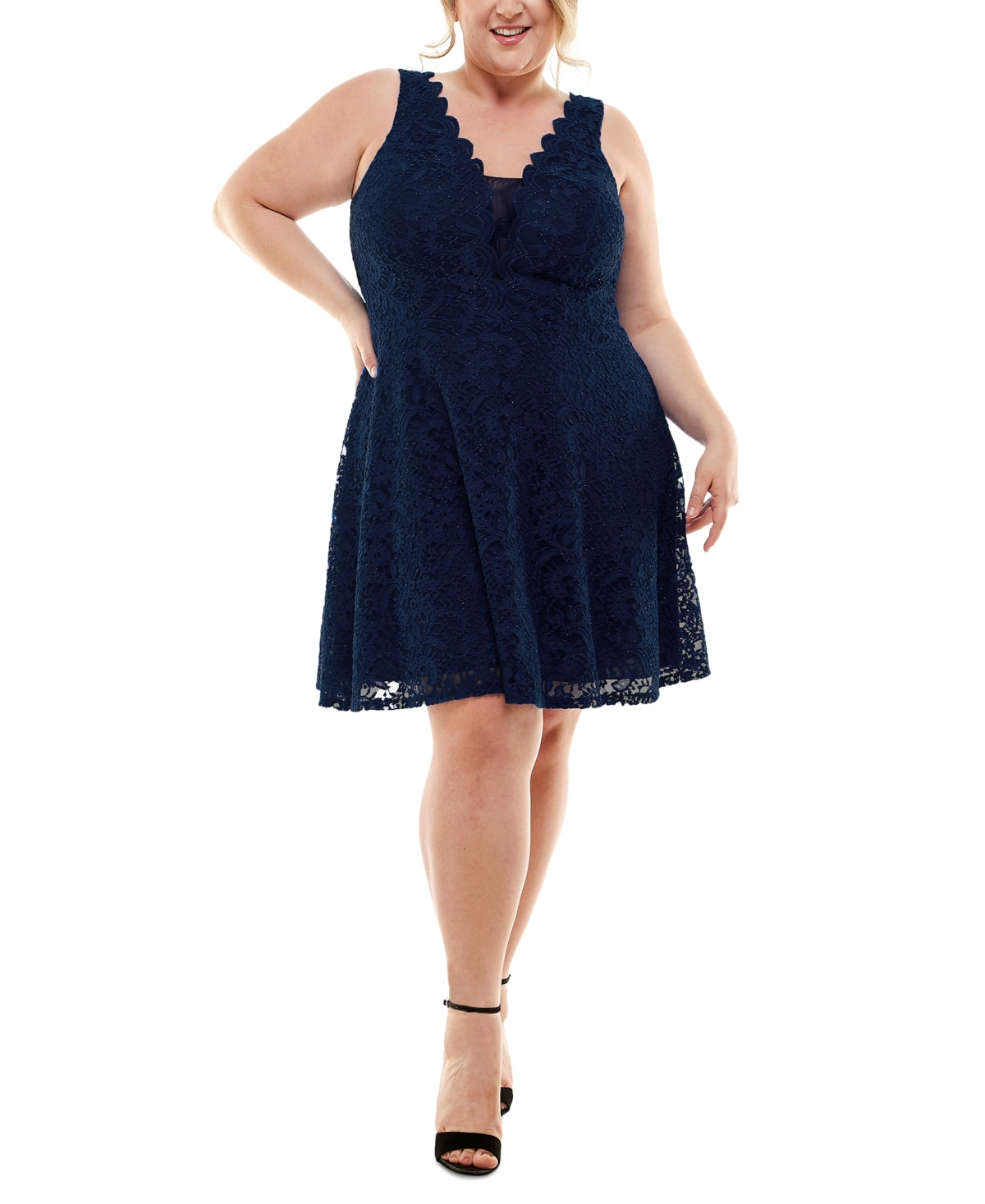 Vestido feminino plus size City Studio com renda na altura do joelho, ajuste evasê, azul, tamanho 16W