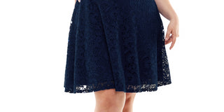 Vestido feminino plus size City Studio com renda na altura do joelho, ajuste evasê, azul, tamanho 16W