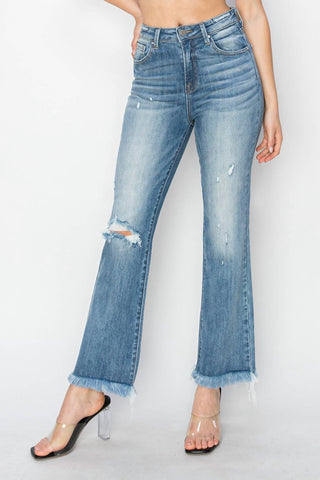 Risen - Calça Jeans Bootcut Fray Crop de Cintura Alta