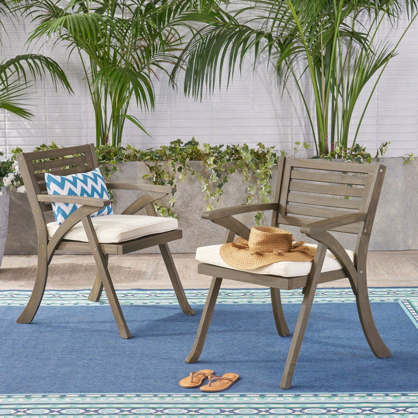 Helen Outdoor Acacia Wood Dining Chair Set of 2 - Gray / Creme