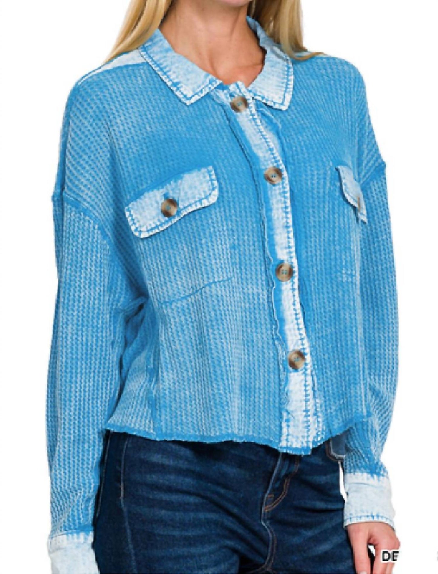 Zenana - Acid Wash Waffle Knit Crop Shacket