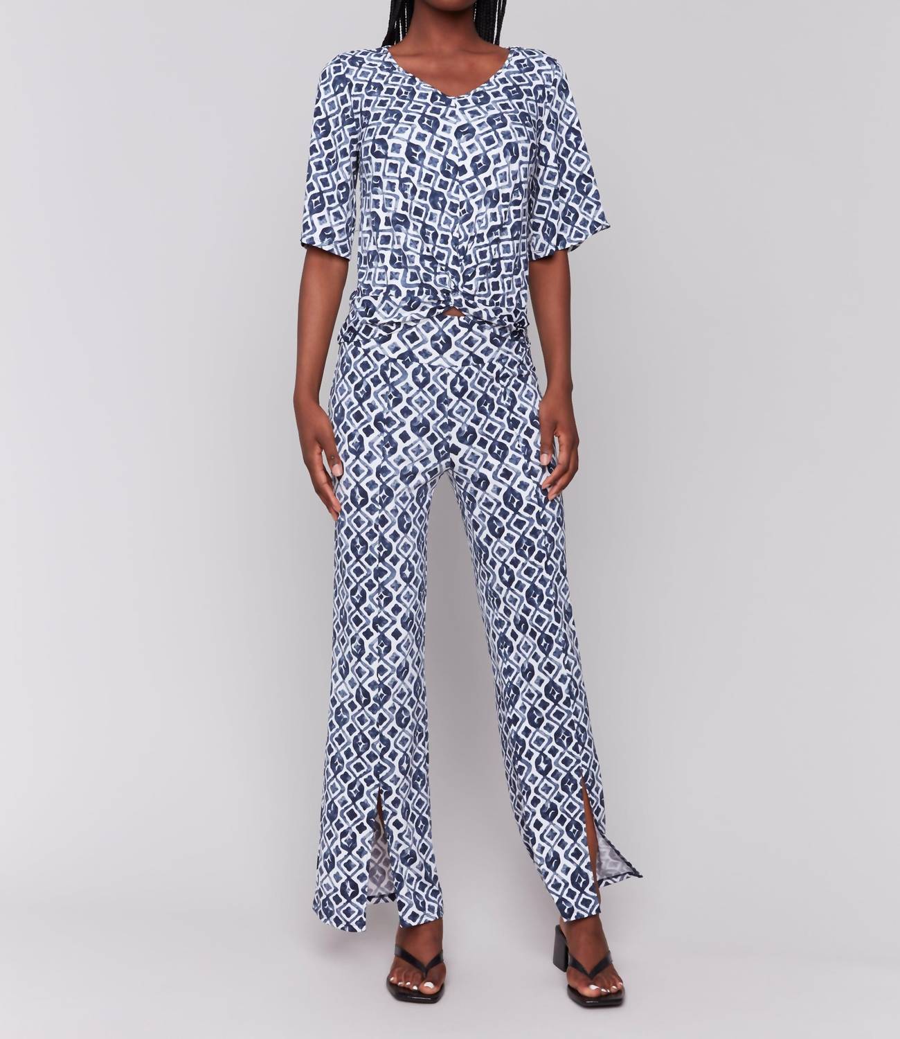 Charlie B - Twist Front Printed V Neck Top