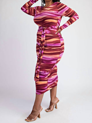 The Curve La - Plus Size Knit Long Sleeve Midi Dress With Self-tie Belt