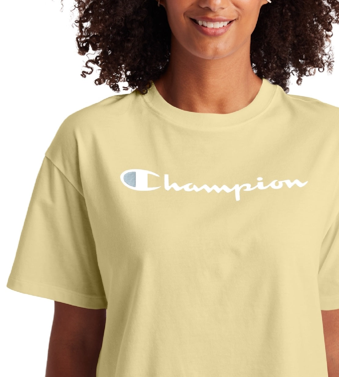 Camiseta curta feminina Champion com logo, amarela, tamanho pequeno