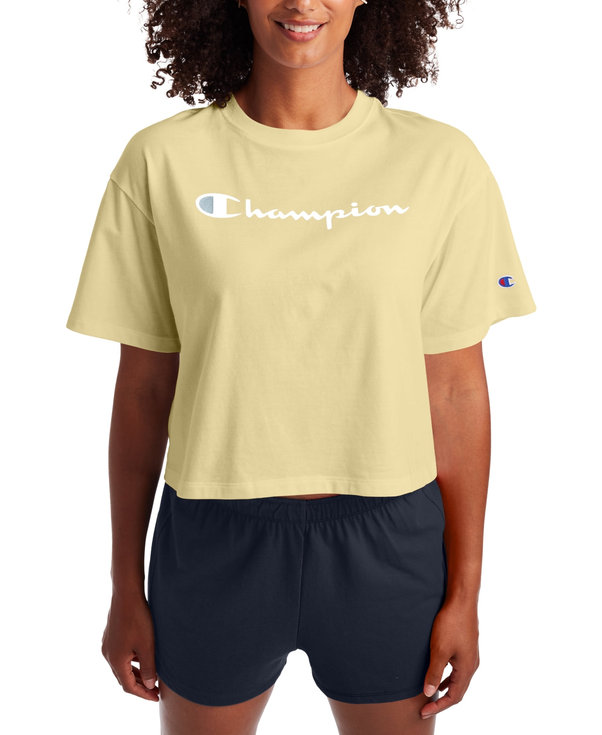 Camiseta curta feminina Champion com logo, amarela, tamanho pequeno