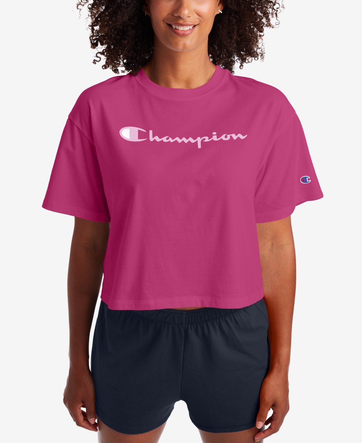 Blusa de algodão com logotipo Champion feminina, rosa, tamanho grande