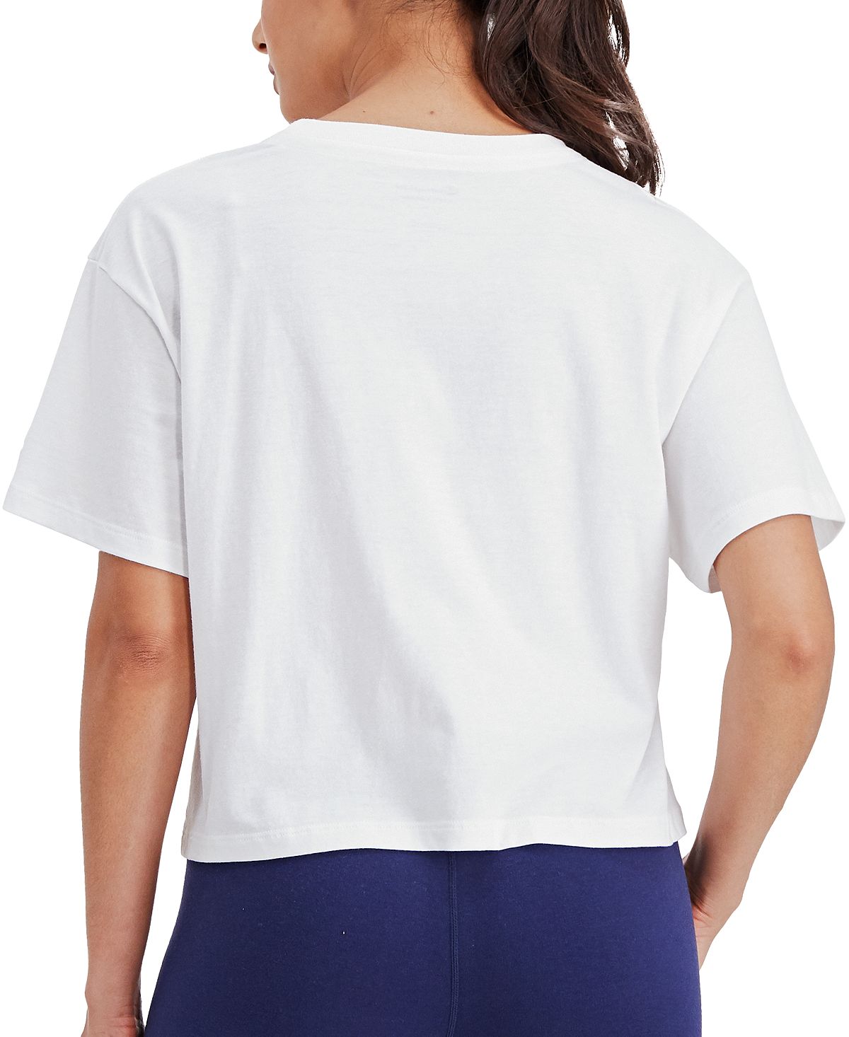 Camiseta feminina Champion com estampa gráfica e cropped, branca, tamanho grande