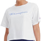 Camiseta feminina Champion com estampa gráfica e cropped, branca, tamanho grande