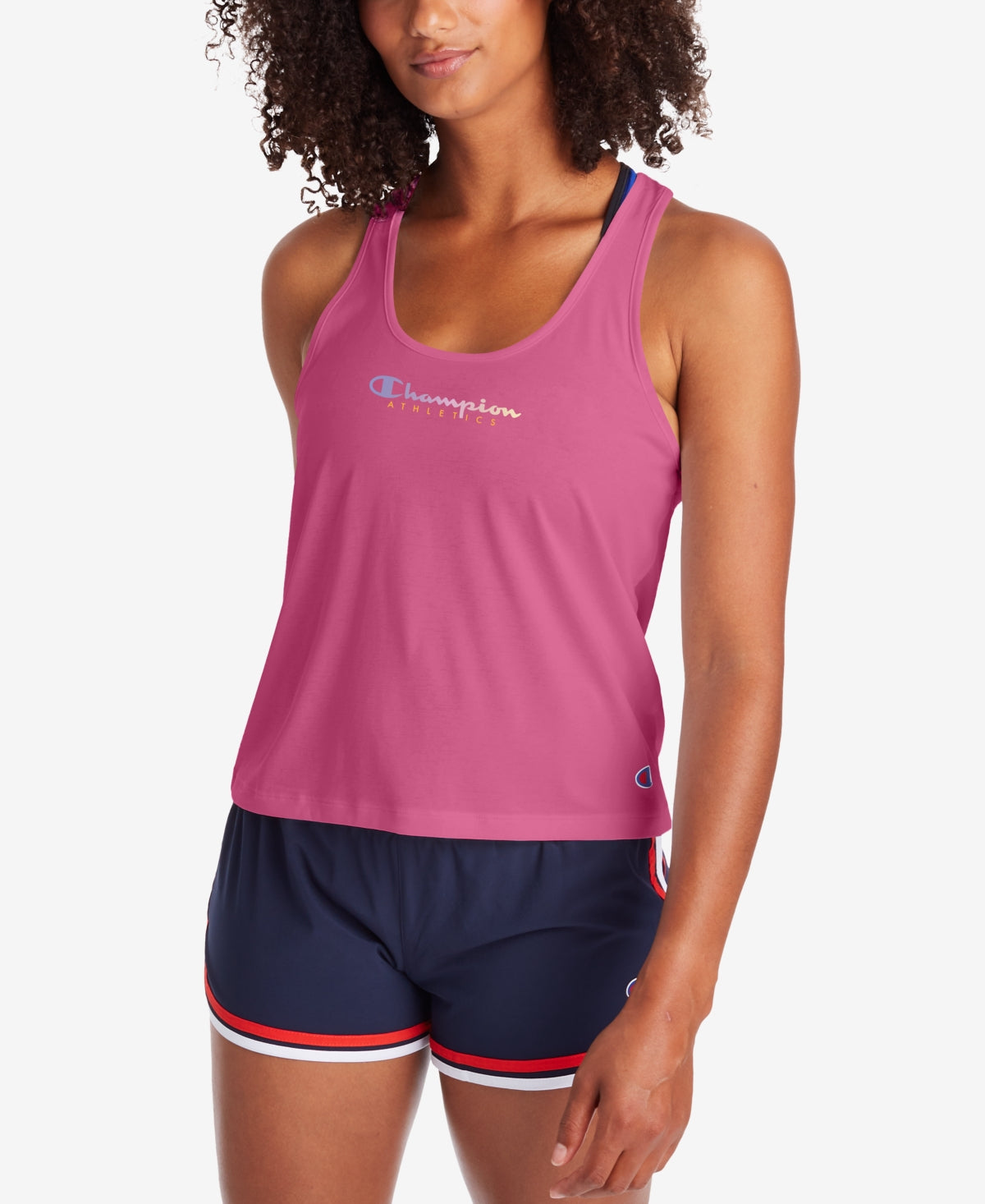 Camiseta regata feminina Champion Racerback com logo rosa, tamanho pequeno