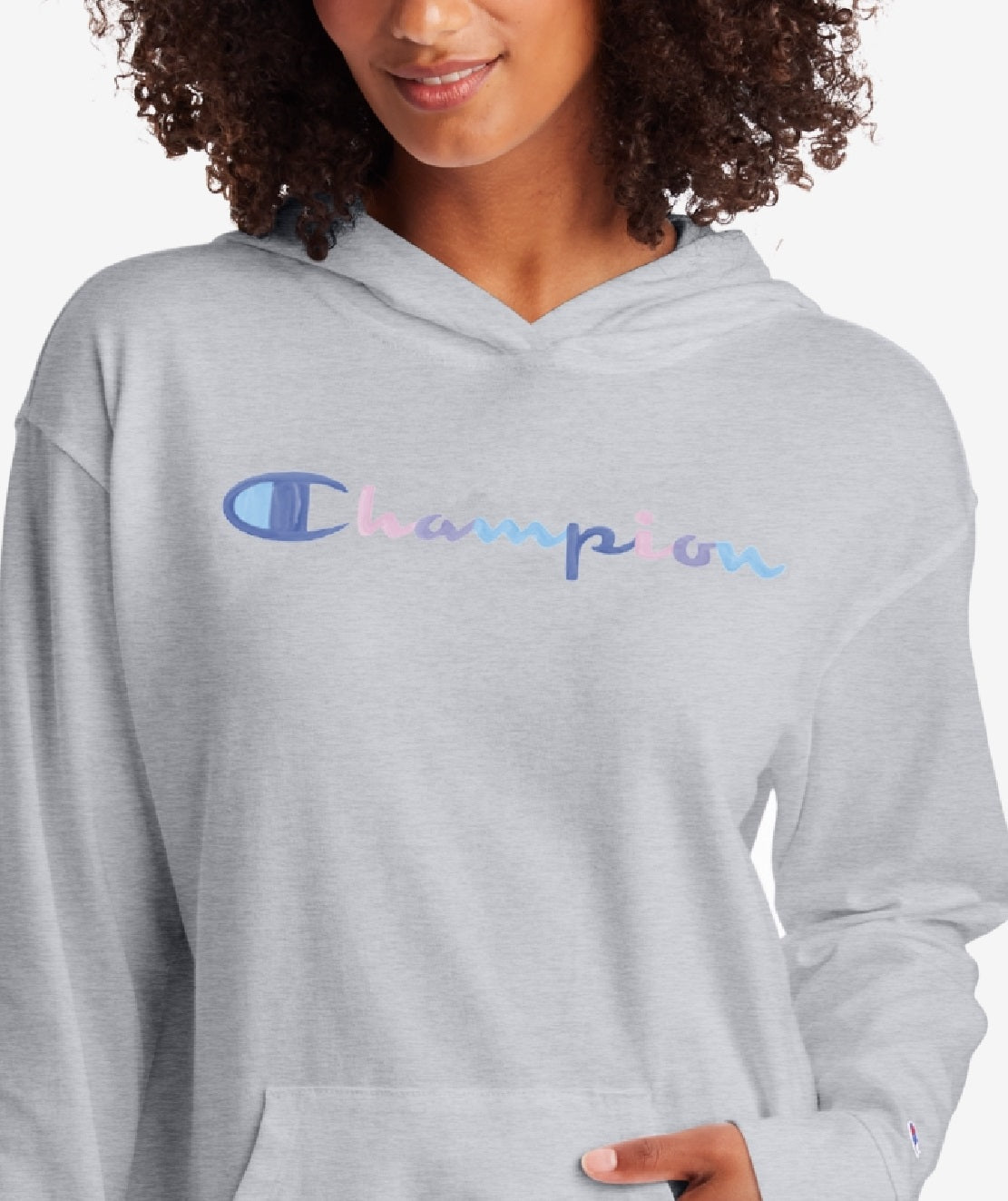 Moletom com capuz Champion feminino com logotipo confortável, cinza, tamanho X-S