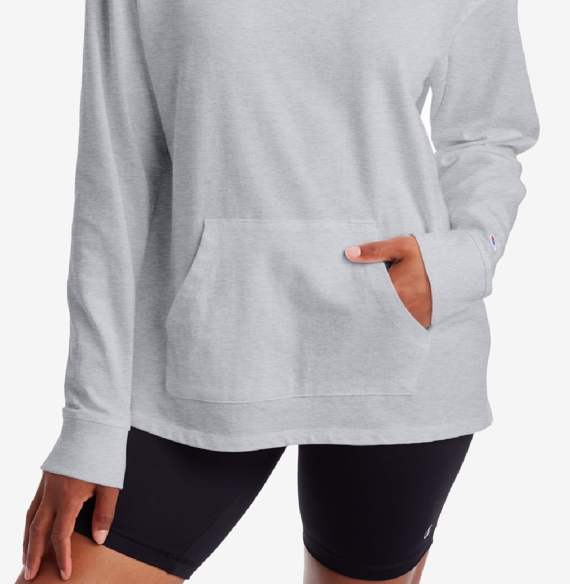 Moletom com capuz Champion feminino com logotipo confortável, cinza, tamanho X-S
