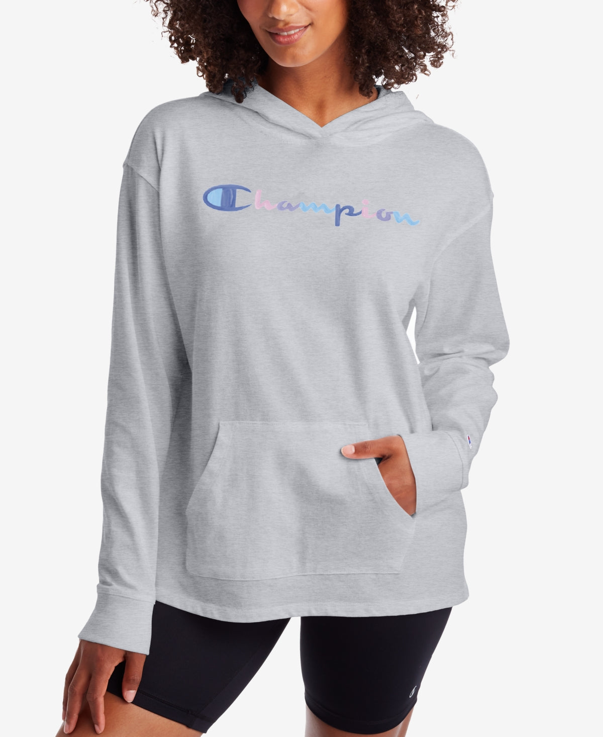 Moletom com capuz Champion feminino com logotipo confortável, cinza, tamanho X-S