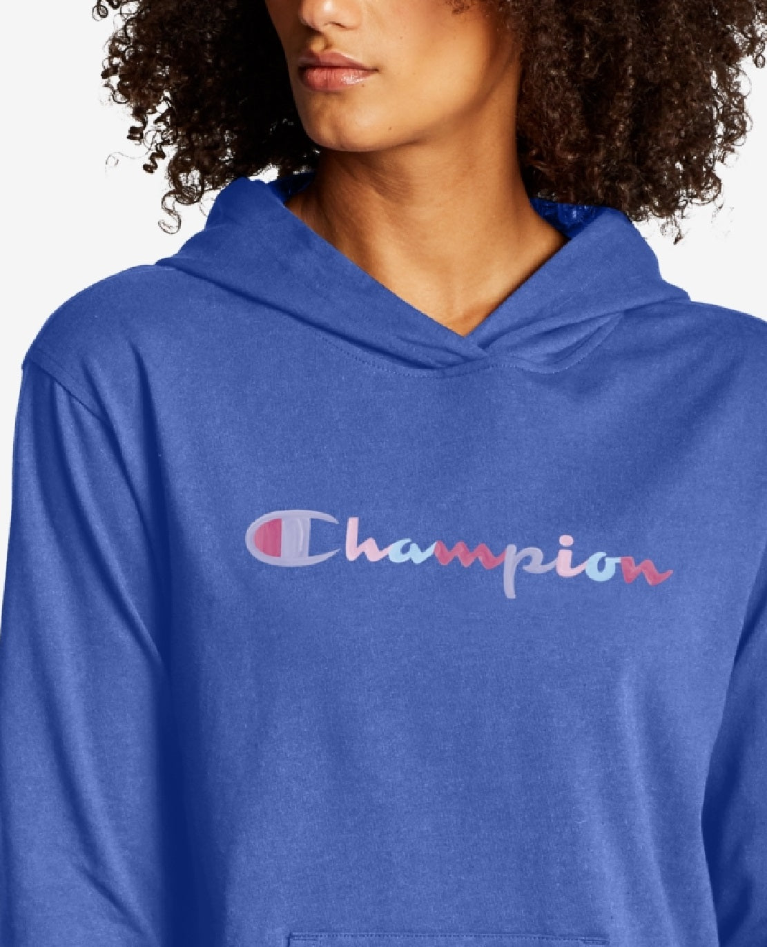 Moletom com capuz Champion feminino com logotipo colorido e peso médio, azul, tamanho X-S