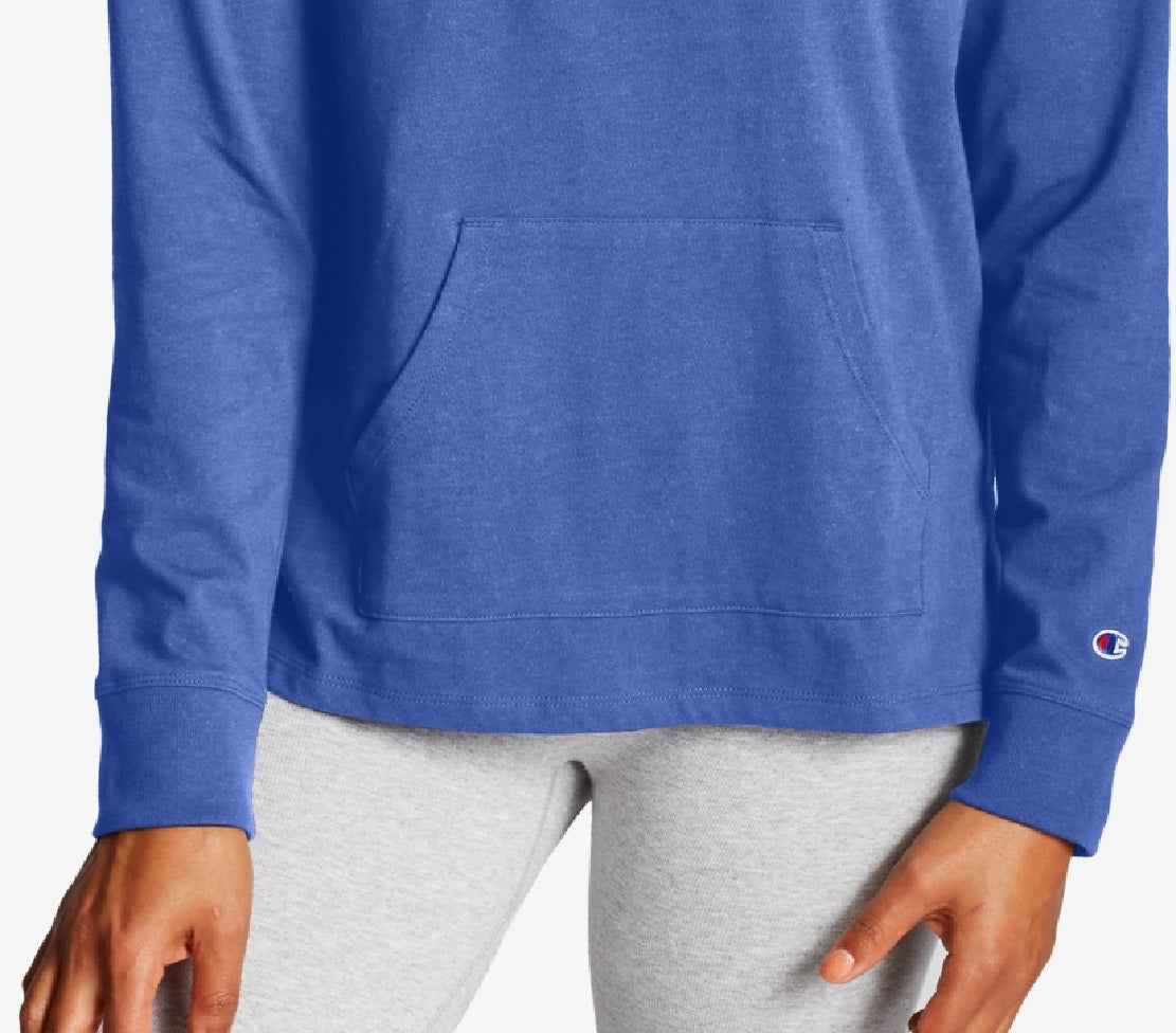 Moletom com capuz Champion feminino com logotipo colorido e peso médio, azul, tamanho X-S