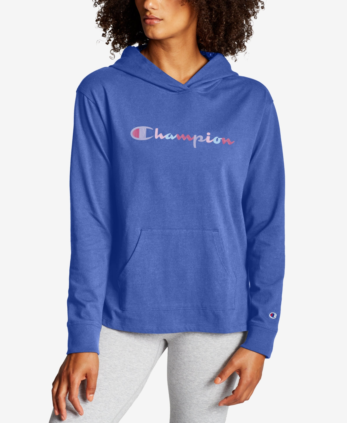 Moletom com capuz Champion feminino com logotipo colorido e peso médio, azul, tamanho X-S