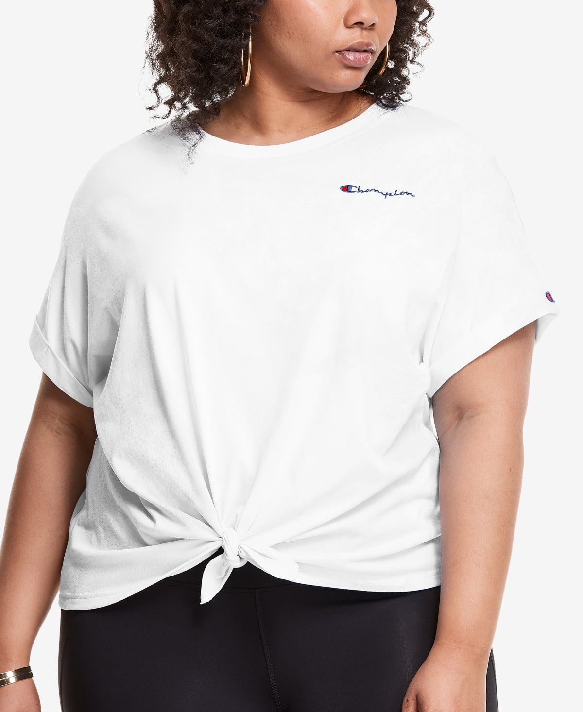 Camiseta feminina Champion com amarração frontal, branca, tamanho 3X