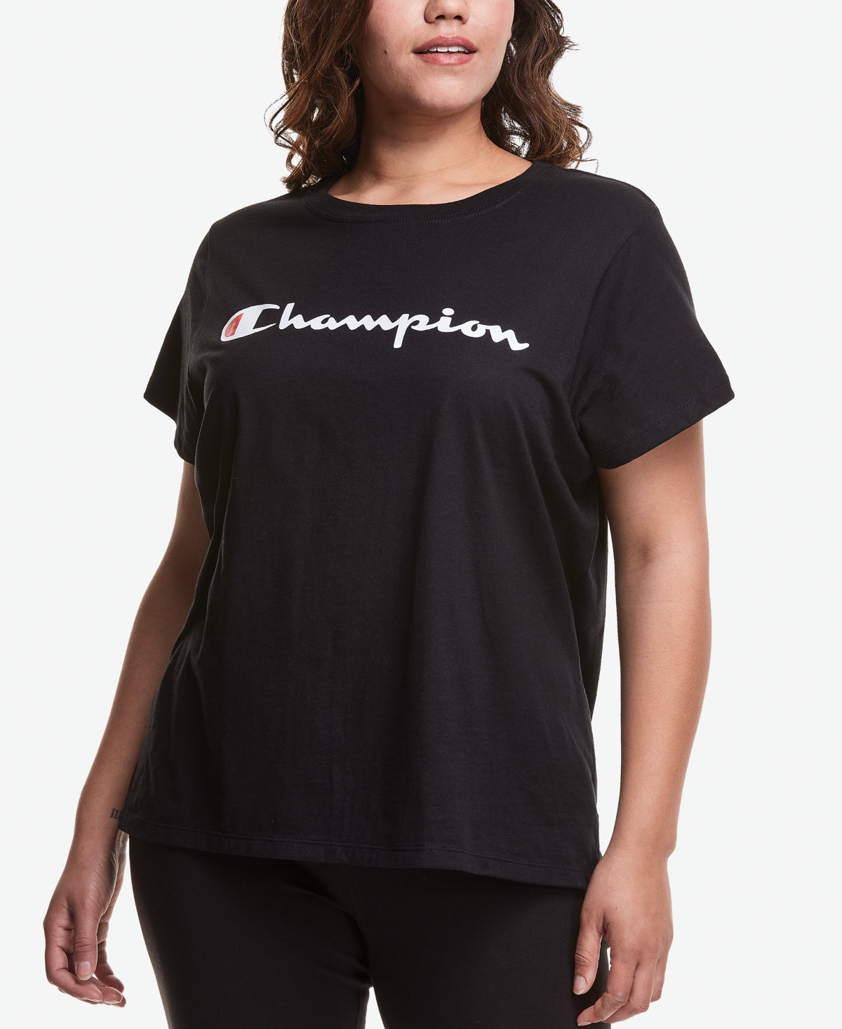 Camiseta feminina Champion Classic Graphic de manga curta, preta, tamanho 4X