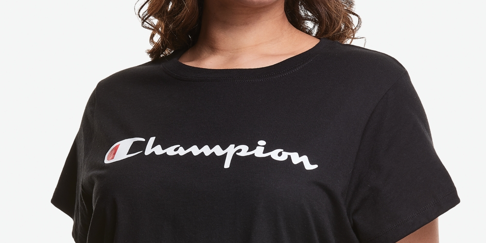 Camiseta feminina Champion Classic Graphic de manga curta, preta, tamanho 4X