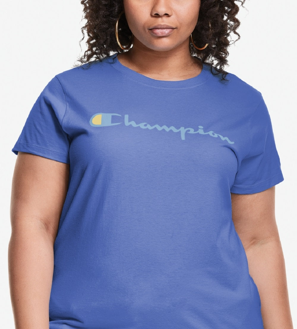 Camiseta feminina Champion Classic Logo Graphic Azul Tamanho 3X