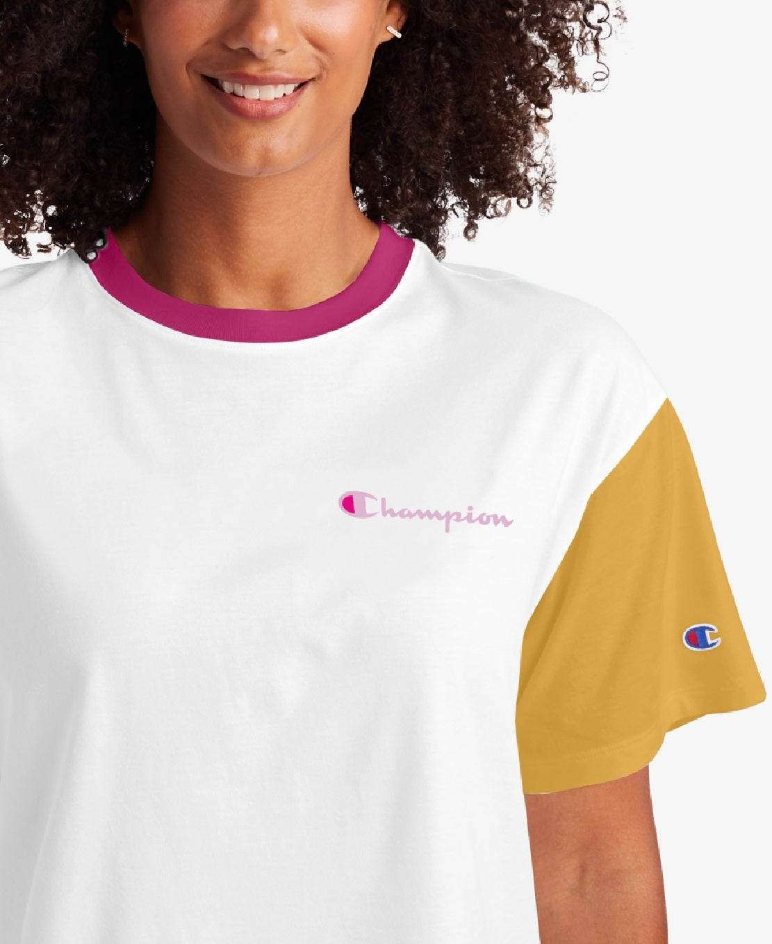 Camiseta feminina Champion Cropped Colorblocked Branca Tamanho Médio