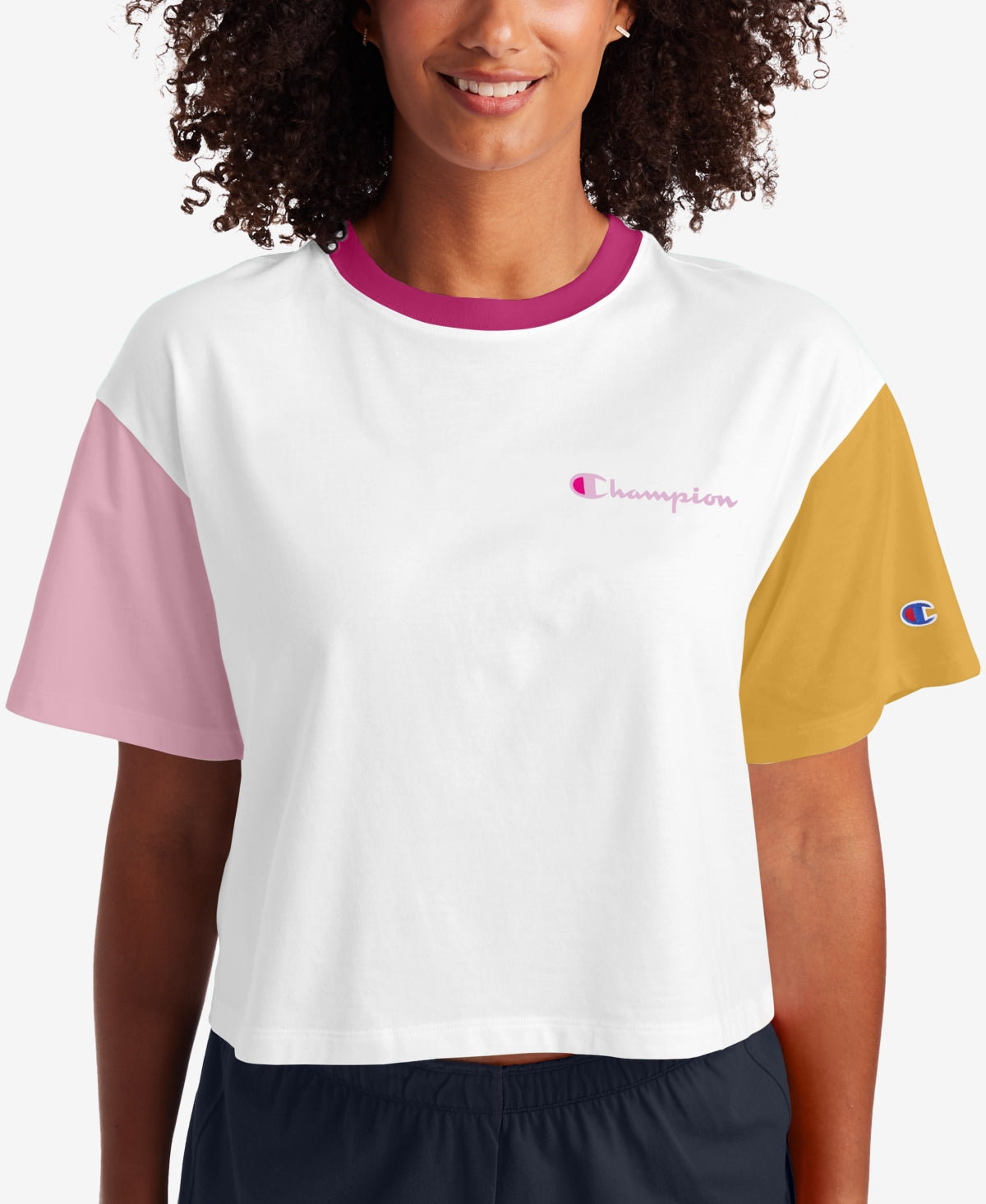 Camiseta feminina Champion Cropped Colorblocked Branca Tamanho Médio