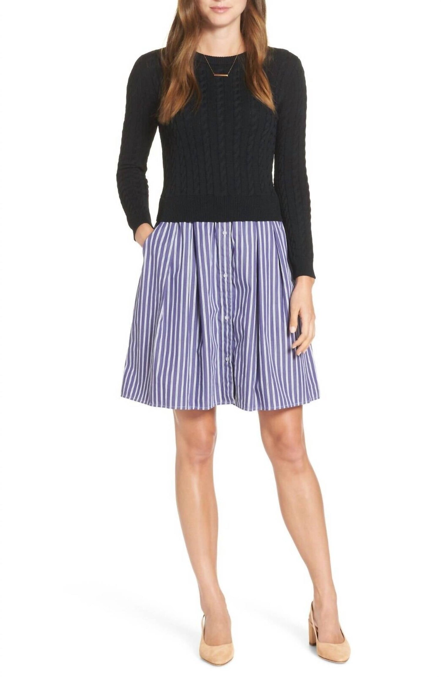 1901 - Poplin Cable Knit Sweater Top Striped Button Down Dress