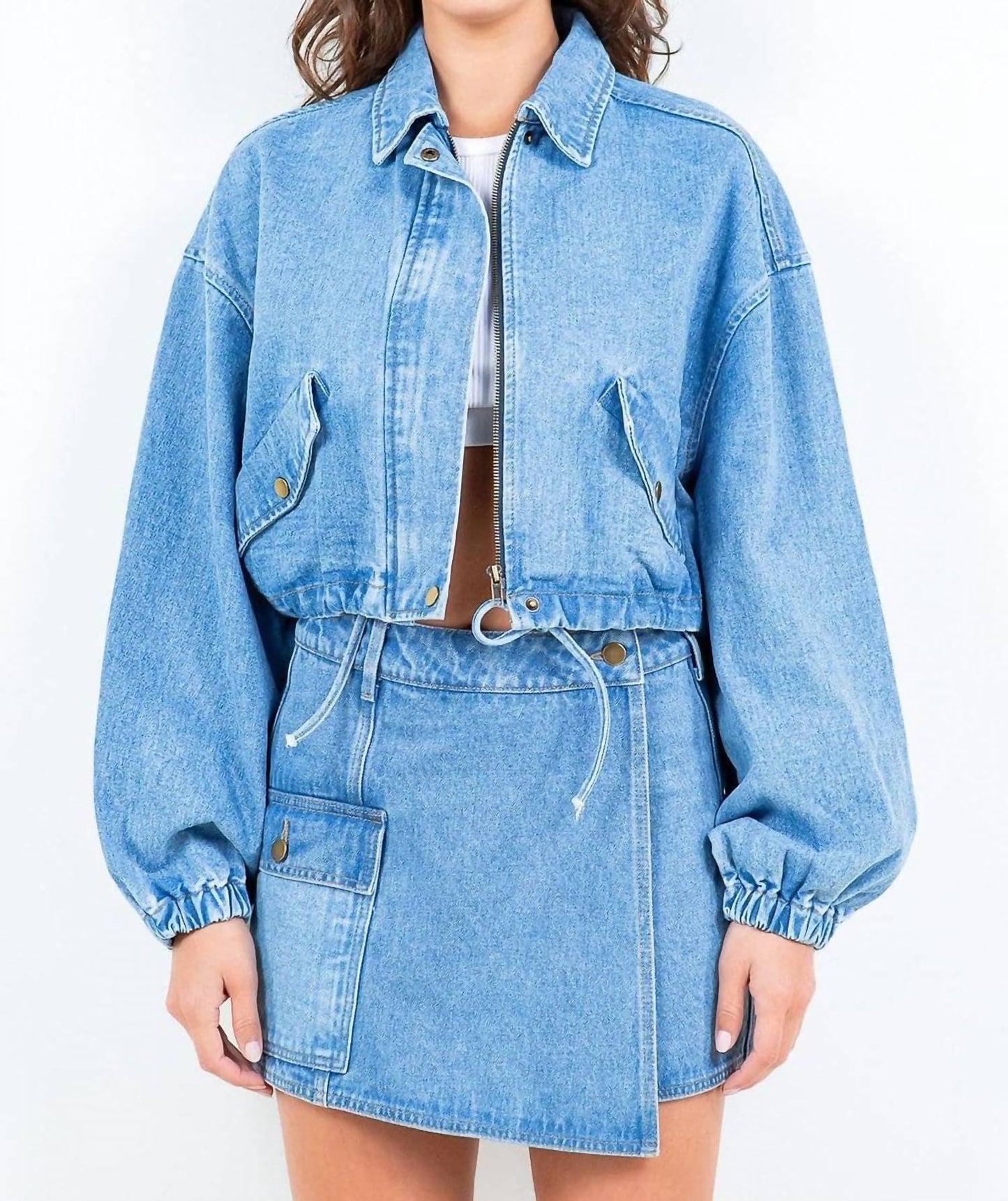 American Bazi - Cropped Denim Jacket With Drawstring Waist