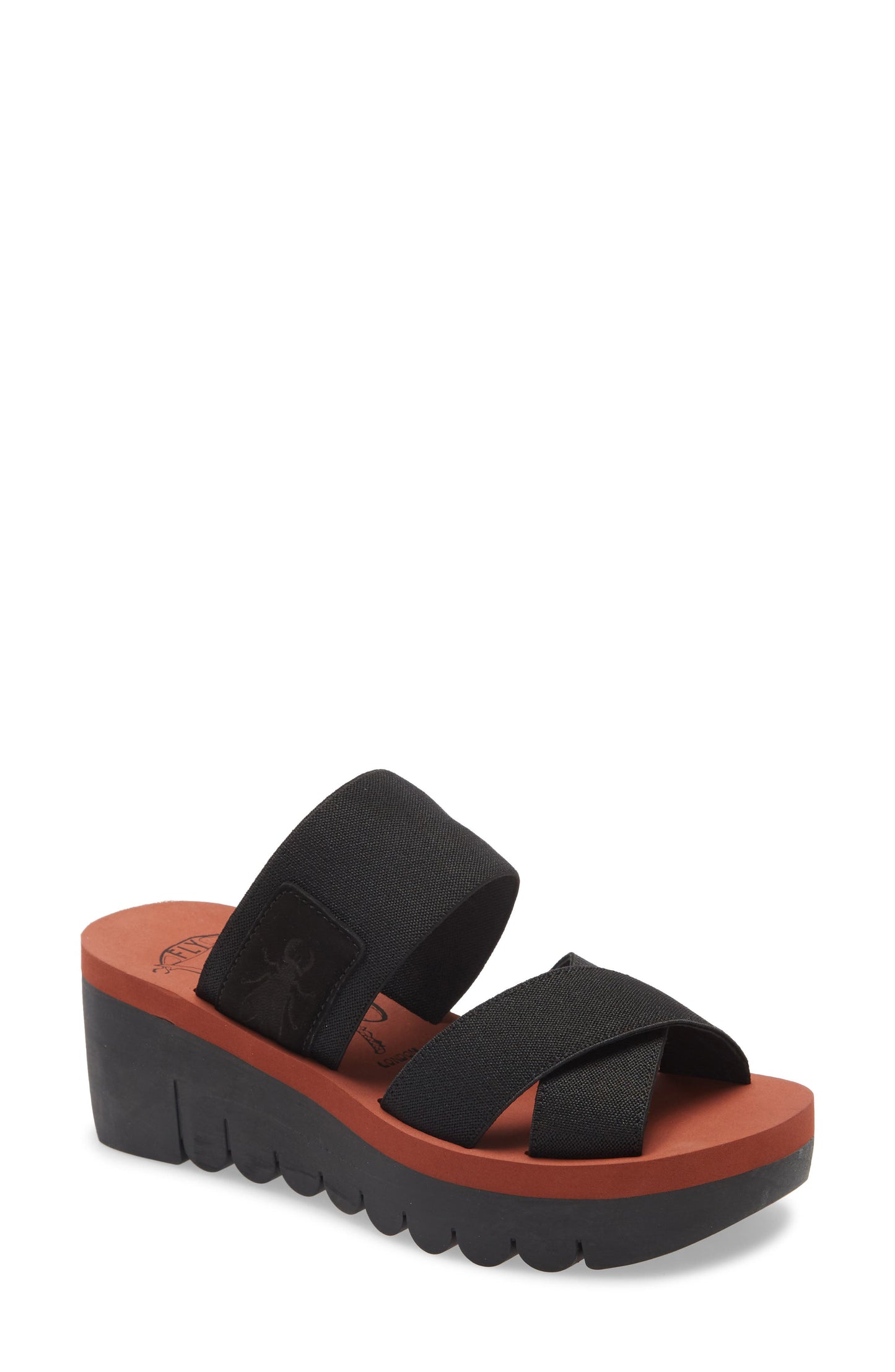 Fly London Yabo Black Leather Platform Slide Sandal