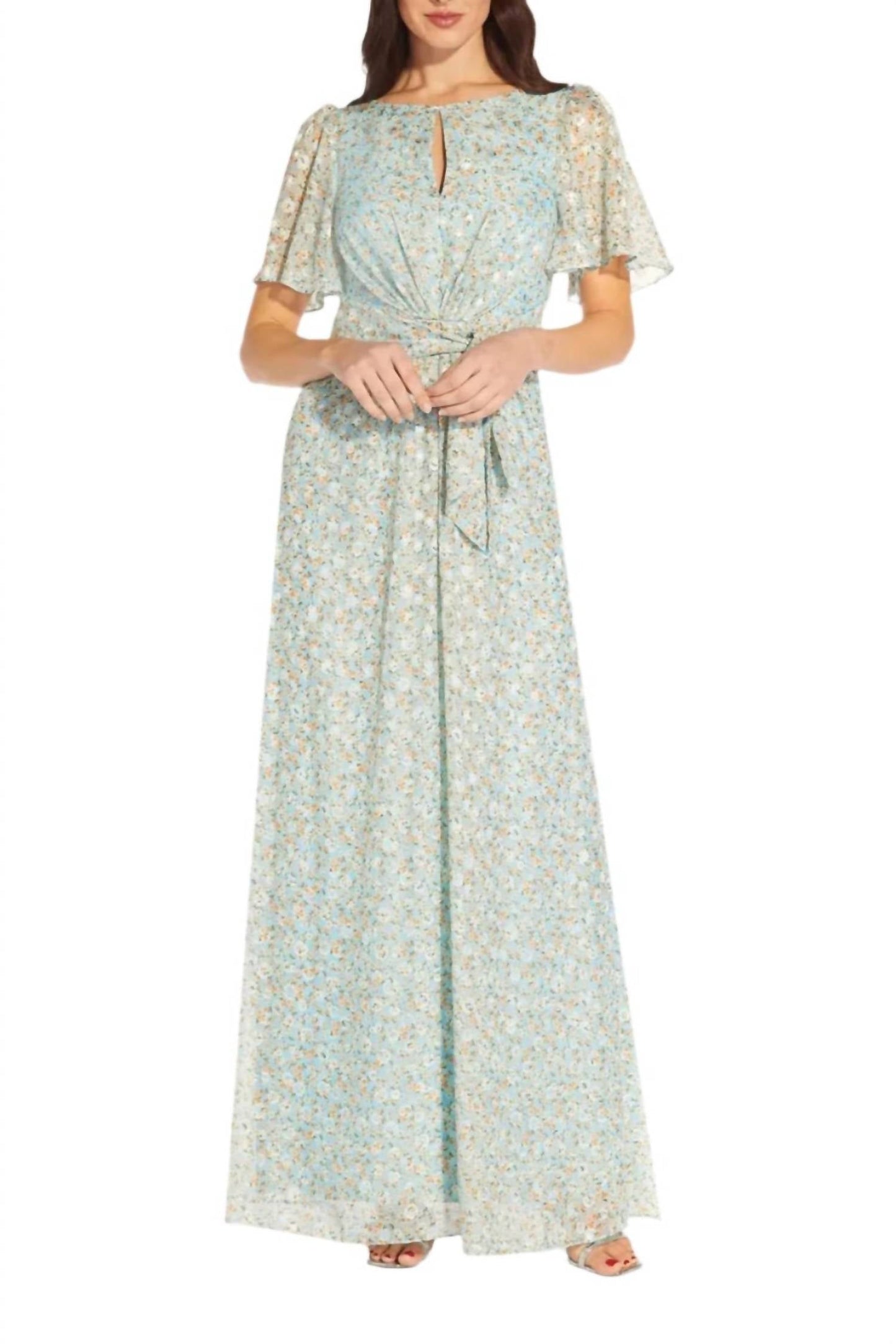 Adrianna Papell - Flutter Short Sleeves Long Chiffon Dress
